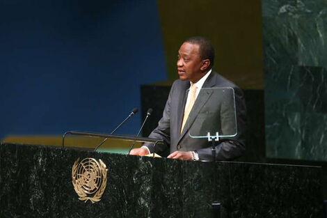 President Uhuru Kenyatta addresses the 74th United Nations General Assembly in New York on September 17, 2019.