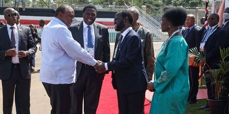 President Uhuru Kenyatta is received by Governor Anyang Nyong'o, CS Eugene Wamalwa and County First Lady Dorothy Nyong'o at the Jomo Kenyatta International Stadium in Kisumu City on May 17, 2022.