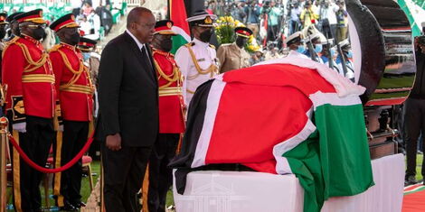 President Uhuru Kenyatta pays his last respects to his predecessor, the late Mwai Kibaki at Nyayo Stadium on Friday, April 29, 2022