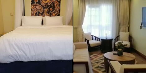 Bed former President Uhuru Kenyatta slept in at the Little Gem Resort (left) and the living room Uhuru spent time in during his stay in Siaya County (right).