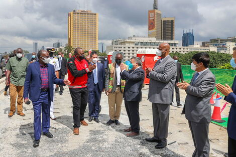 President Uhuru Kenyatta was accompanied by Infrastructure CS James Macharia and NMS DG Mohamed Badi to inspect the highway on December 23, 2021.