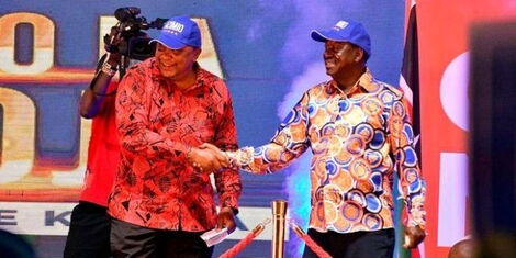 President Uhuru Kenyatta and ODM leader Raila Odinga during the ODM NDC at Kasarani, in Nairobi on February 26, 2022.