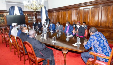 President Uhuru Kenyatta (Right) with members of clergy at State House, Nairobi on Thursday, August 18, 2022.