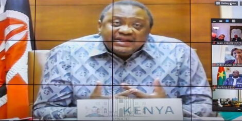 President Uhuru Kenyatta speaking at State House, Nairobi, during a virtual conference of European and African leaders on the proposed establishment of the Africa-Mediterranean-Europe (AME) Foundation on July 16, 2020.