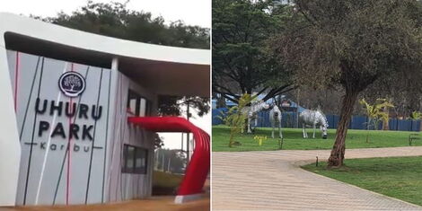 A collage image of the gate of Uhuru Park (left) and manufactured animals in the renovated Uhuru Park (right).