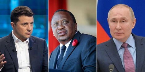 Photo collage between Ukrainian President Volodymyr Zelenskyy, President Uhuru Kenyatta and Russian President Vladimir Putin