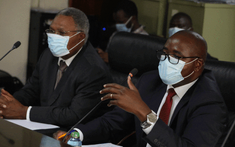 Unclaimed Financial Assets Authority chief executive John Mwangi (right) with director Thomas Mwadegu during parliamentary grilling.