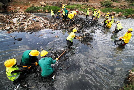 Undated photo of social workers cleaning Nairobi River