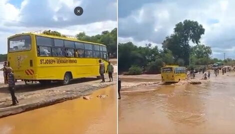 A collage of school bus that drowned in Enziu River in Kitui County.