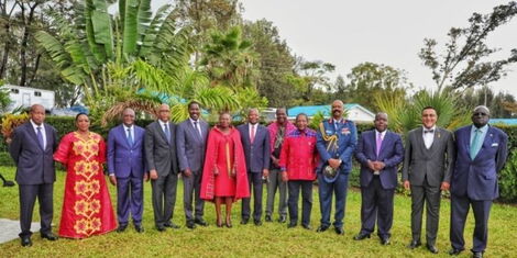 AG Kihara Kariuki with CSs Sicily Kariuki (Water), James Macharia (Transport), Adan Mohamed (E.A Development), Peter Munya (Agriculture), Faridah Karoney (Lands), Mutahi Kagwe (Health), SG Raphael Tuju, CS Kerieko Tobiko (Environmental), NMS boss Gen Rtd Mohamed Badi, CS Fred Matiang'i (Interior), Najib Balala (Tourism) and Prof George Magoha (Education) in Mwea, Kirinyaga County during Mashujaa Day celebrations on October 20, 2021