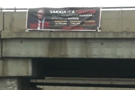 A banner claiming Sakaja is a traitor along a highway in Nairobi on Monday, August 3, 2020.
