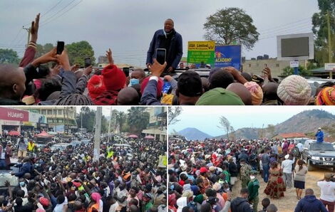 A collage of political rallies. President Uhuru Kenyatta (Top), Deputy President William Ruto (Bottom Left) and Raila Odinga.