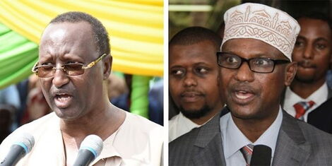 Isiolo Governor Mohamed Kuti addressing residents during a meeting on January 13, 2020 (left) and former county boss Godana Doyo speaking to journalists at a past event.