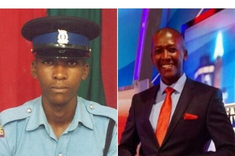 Switch TV news anchor Frederick Muitiriri when he worked as a police officer (left) and at Inooro TV studio.