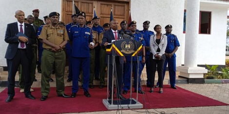 Interior and Admnistration CS Prof Kithure Kindiki during a joint presser with police top brass at the Embakasi Training College on November 15, 2022. 