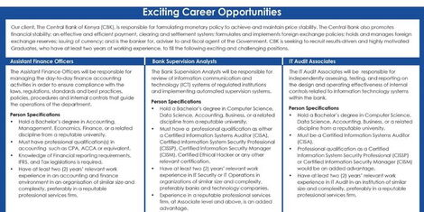 An excerpt of the job advert announcing CBK job openings in five positions on September 30, 2022. 