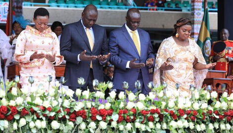 From Left: First lady Racheal Ruto, President William Ruto, Deputy President Rigathi Gachagua and Second Lady Dorcas Gachagua Kneeling down for prayers at Kasarani on Tuesday, September 13, 2022