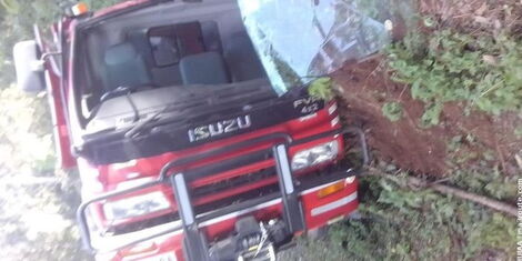 A photo of a fire engine belonging to Baringo County Government that was involved in an accident while responding to an accident. 