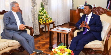 CS for Foreign and Diaspora Affairs Dr. Alfred Mutua (right) and Iranian Ambassador to Kenya Dr. Jafar Barmaki (left) at the Ministry of Foreign Affairs Offices in Nairobi on March 8, 2023.