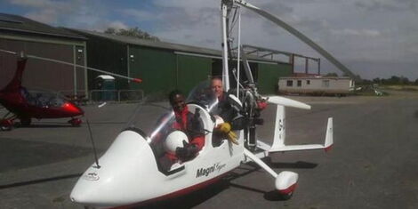 An image of Daniel Zuma undergoing flying training in a gyrocopter.