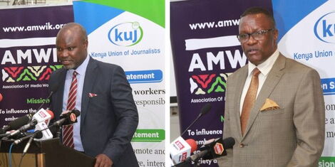 A collage photo of Kenya Editors Guild President Churchill Otieno (Left) and ICT Cabinet Secretary Eliud Owalo at the observation of the International Day to End Impunity against Journalists in Nairobi on November 2, 2022. 