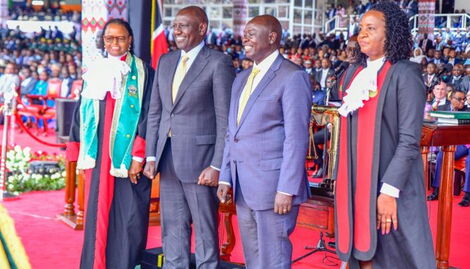 From Left: Chief Justice Martha Koome, President William Ruto, Deputy President Rigathi Gachagua and the Judiciary staff posing for a photo at Kasarani Stadium on September 13, 2022