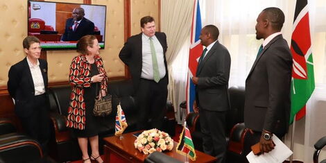 UK Minister of Armed Forces James Heappey (in green tie) , Leader of the Majority in Parliament Kimani Ichung'wah and Majority Whip in the National Assembly during a meeting on November 23, 2022. 