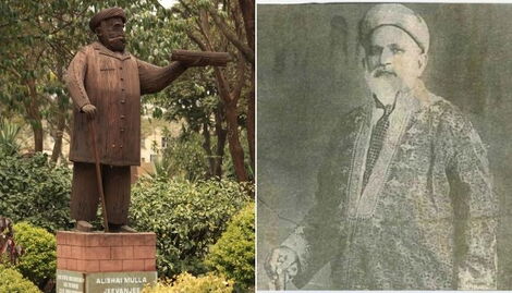 A.M. Jeevanjee's Statue at Jeevanjee Gardens in Nairobi (left) and a drawing of the late A.M. Jeevanjee.