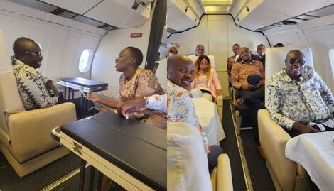 A collage of DP Rigathi Gachagua aboard Kenya Airforce accompanied by other leaders on September 23, 2022