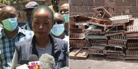 Energy Cabinet Secretary Monica Juma (left) and some of the Kenya Power equipment recovered at a home in Juja, Kiambu County.