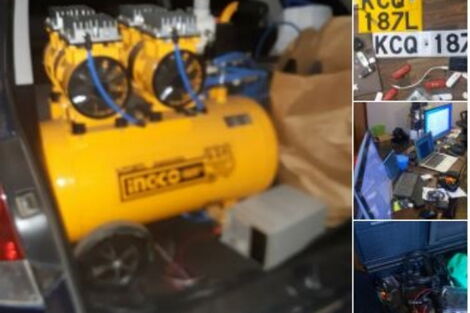 A compressor machine used for painting number plates, one complete number plate, and five desktop computers seized by DCI officers in Ngara, Nairobi on Friday, February 21, 2020