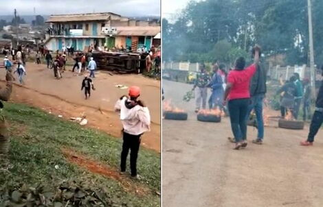 Embu residents overturn a police car during protest (right) and light bonfires.