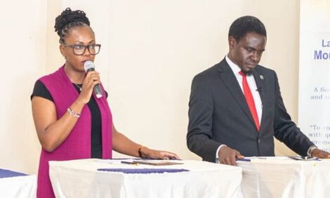 Lawyers Maria Mbeneka and Nelson Havi participating in a debate at Kerugoya on February 21, 2020