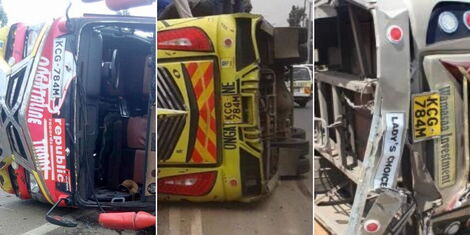 A collage of a matatu that has been involved in three accident