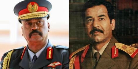A collage of NMS Director General Mohammed Badi and the late President of Iran Saddam Hussein