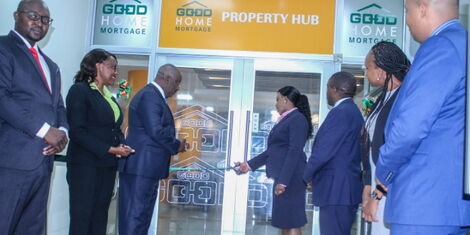 Head of Mortgage Finance Chris Chege and Director of Corporate & Institutional Banking Jacquelyne Waithaka launch the GoodHome Property Hub at KUSCCO Center, Upperhill on September 28, 2020. Looking on are Property Hub Manager Patrick Macharia other members of staff