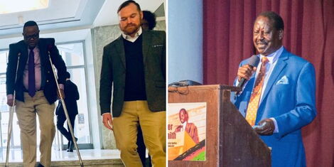 From left: A photo collage of Vanguard Africa Executive Director Jeffrey Smith (right) with Tanzania's opposition leader Tundu Lissu and a photo of ODM leader Raila Odinga at an earlier event.