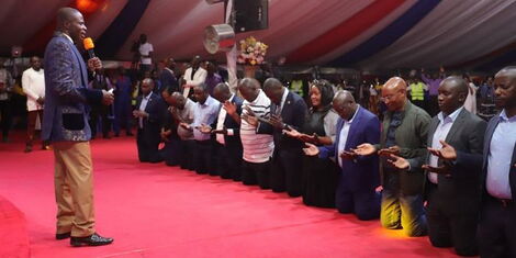An image of the Nairobi County leadership under Governor Johnson Sakaja (center) is prayed by Apostle Peter Manyuru, a renowned preacher and televangelist. on January 15, 2023.