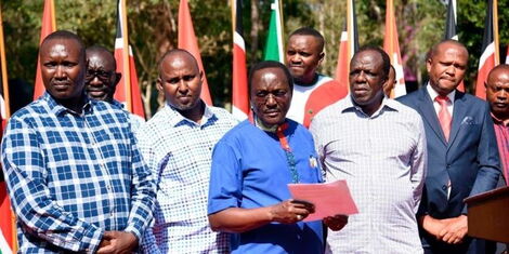 Wiper Party leader Kalonzo Musyoka (centre) with other Azimio leaders during a media briefing at his Karen office on January 19, 2023.