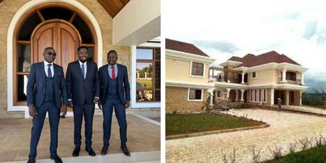 A collage of the entrance to Kihika's mansion with husband Sam Mburu (centre) hosting friends and the backview of the mansion.