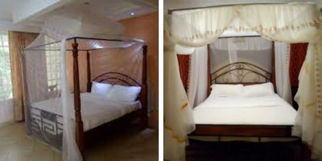 A collage of canopy beds fitted in the resort's rooms