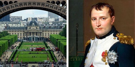 An image of Ecole Militaire (left) and the image of Napoleon Bonaparte (right)