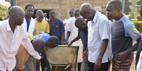 Bungoma youth view one of the wheelbarrows purchased at 109,000 Shillings each on October 15, 2015
