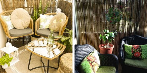 A photo collage of balconies decorated using bamboo 