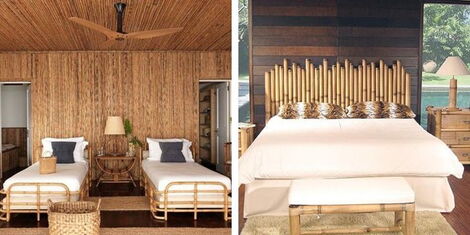 A photo collage of a bedroom designed with bamboo sticks and beds made from bamboo