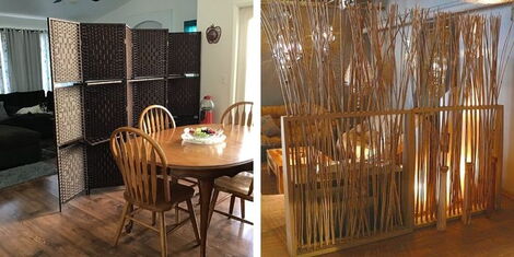A photo collage of bamboo fencing separating rooms and spaces in a house