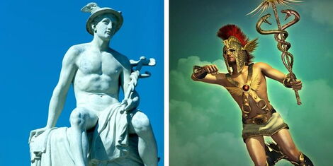 A photo collage depicting the Greek god Hermes holding the staff (left) and two snakes rolled on the staff (right)