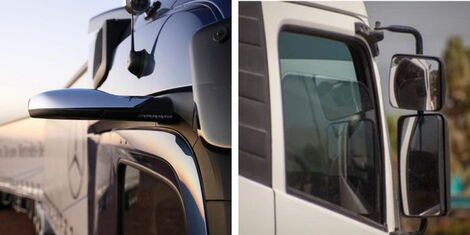 A photo collage of an advanced mirror cam (left) and an image of a conventional side mirror (right)