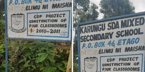 A photo collage of a signpost showing direction to Karungu Secondary School in South Mugirango, Kisii County. The school was shut down after only one student returned after holiday. 