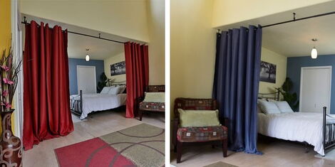 A photo collage of rooms divided by curtains